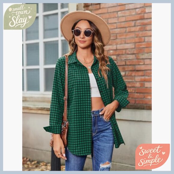 Long Sleeve Plaid Button Down Shirt Regular Fit Polyester Blouse - Picture 3 of 7